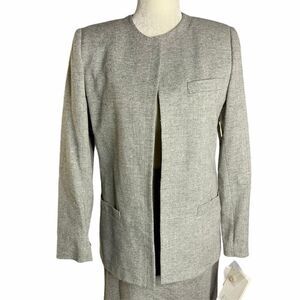 Vintage Linen Blazer Skirt Suit Set Size S Grey